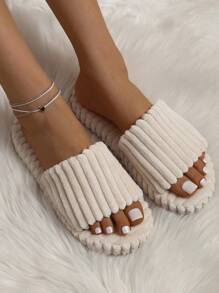 Mengsu 新款女士家居拖鞋，毛絨面料平底拖鞋，時尚厚底條紋布搭配橡膠防滑波西米亞風格涼鞋 - 杏色 - 查看 6