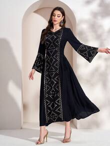 Women's Elegant Sequin Splice Bell Sleeve Long Dress For Spring & Summer Eid Black - Black - View 4