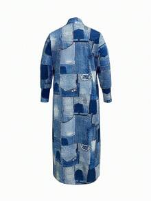 新款女士时尚拼色牛仔效果风衣夹克中长款外套，秋冬