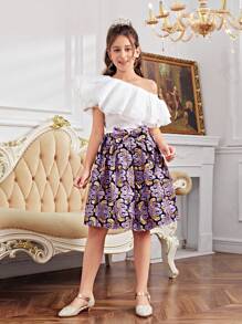 SHEIN Cô gái Tween Đáng yêu Vai xiên Viền Ruffle Áo & Dệt hoa Váy chữ A Hai chiếc Bộ - Màu tím - Xem 1