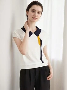 女士極簡色塊短袖下翻領毛衣，修身版型，套頭式 - 白色 - 查看 3