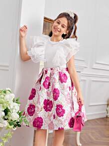 SHEIN Leap Crew 2pcs/Set Tween Girl Cute And Retro Ruffle Trim Blouse And Skirt - Hot Pink - View 3