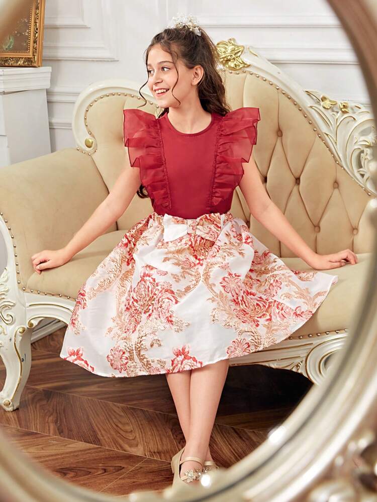 Tween Girls' Loose Cute Round Neck Flutter Sleeve Shirt With Floral Jacquard Skirt Set