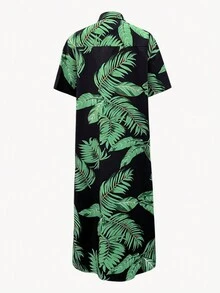 Vestido largo estilo camisa maxi con botones frontales y estampado de hojas de plantas, ideal para vacaciones - Multicolor - Ver 2