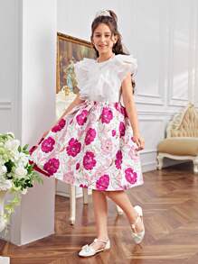 SHEIN Leap Crew 2pcs/Set Tween Girl Cute And Retro Ruffle Trim Blouse And Skirt - Hot Pink - View 2