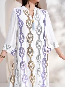 Robe arabe minimaliste de tous les jours pour femmes avec décoration contrastée de sequins - Blanc - Voir 5