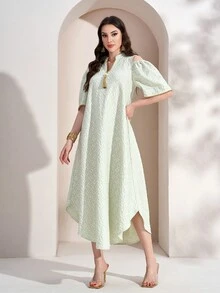 女士深切领镂空流苏撞色优雅阿拉伯连衣裙 - 綠色 - 查看 6