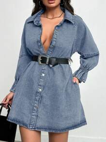 Cottnline Bell Sleeve Shirt Dress Without Belt - Blue - View 3