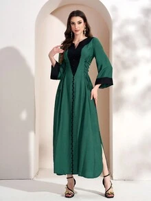 Đầm dài nữ thanh lịch phối màu tương phản, thắt eo chéo, xẻ tà, thích hợp cho mùa xuân/hè và lễ Eid. - Màu xanh lá cây đậm - Xem 7