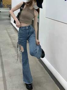 Women's Fashion Hollow Out Drawstring Frayed Hem Flare Leg Jeans Casual - Medium Wash - View 3