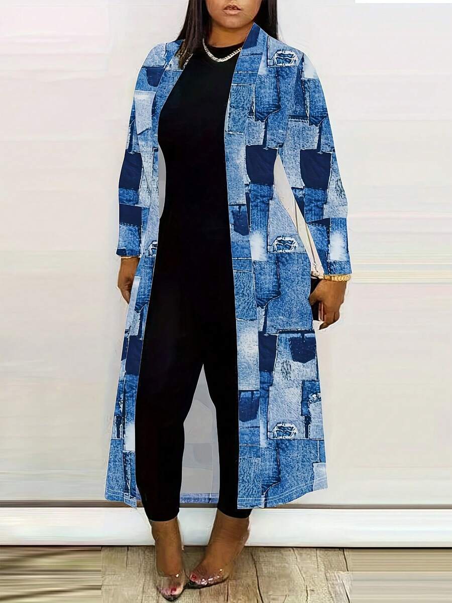 新款女士时尚拼色牛仔效果风衣夹克中长款外套，秋冬