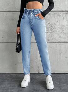 EURMUSE Ladies' Pure Color Slanted Pocket Tapered Jeans - Baby Blue - View 1