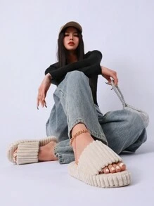 Mengsu 新款女士家居拖鞋，毛絨面料平底拖鞋，時尚厚底條紋布搭配橡膠防滑波西米亞風格涼鞋 - 杏色 - 查看 3