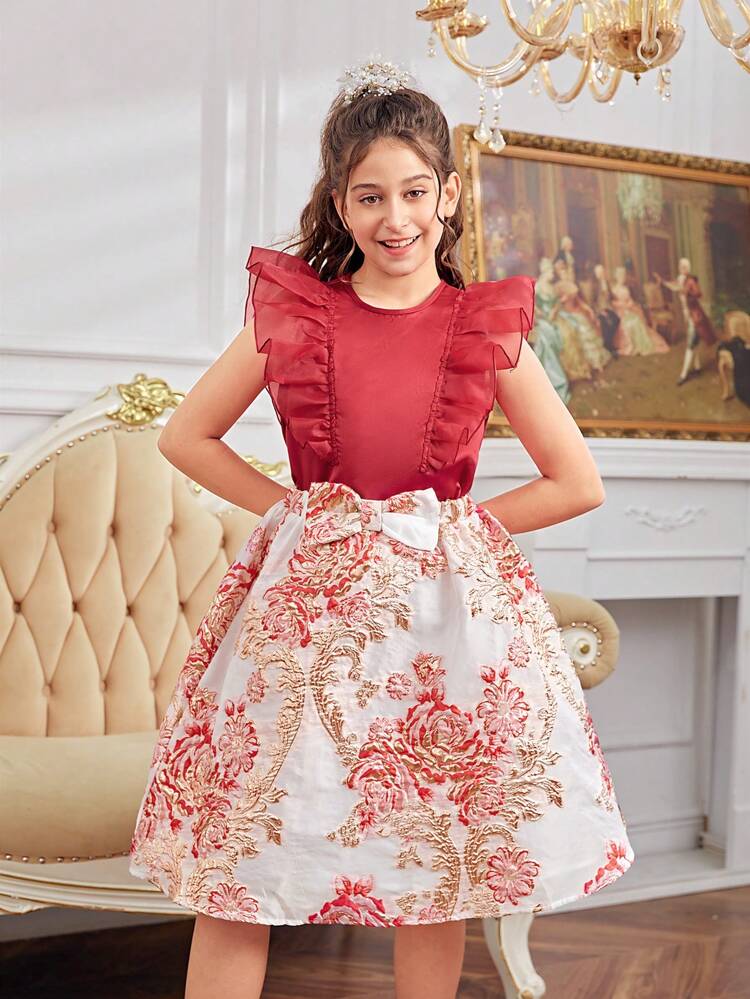 Tween Girls' Loose Cute Round Neck Flutter Sleeve Shirt With Floral Jacquard Skirt Set