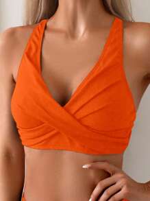 SHEIN Swim Ladies' Solid Color Front Cross Strap Bikini Top For Summer Beach Bathing Suit - Orange - View 4