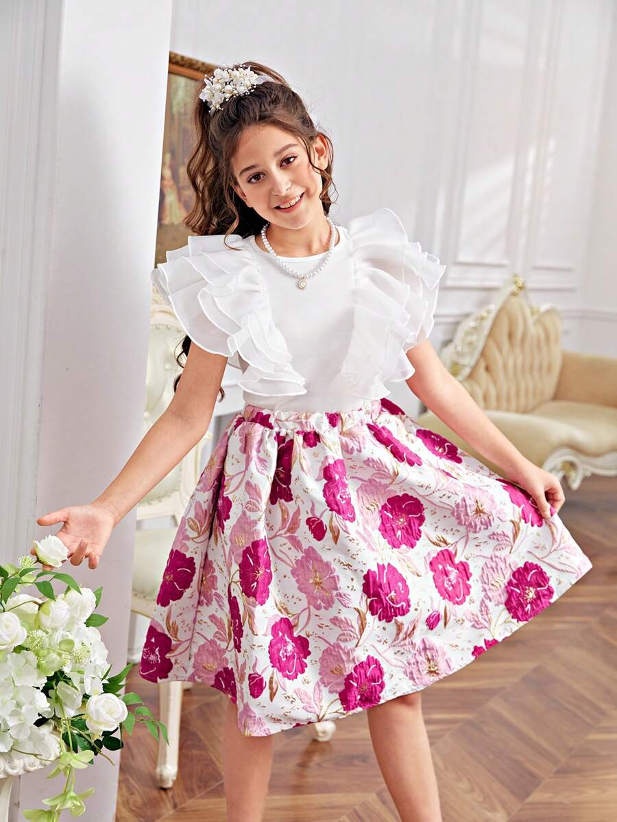 SHEIN Leap Crew 2pcs/Set Tween Girl Cute And Retro Ruffle Trim Blouse And Skirt - Hot Pink - View 1