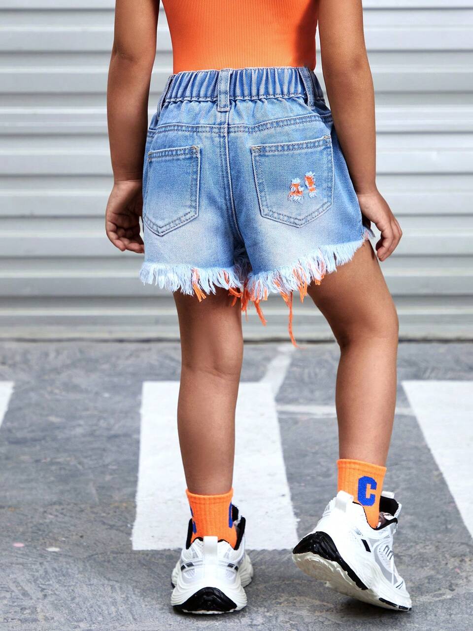 YOUNG GIRL Y2K Street Style Cool Orange Color Block Asymmetrical Waistband Destroyed Denim Shorts