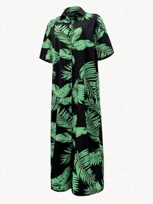 Vestido largo estilo camisa maxi con botones frontales y estampado de hojas de plantas, ideal para vacaciones - Multicolor - Ver 3