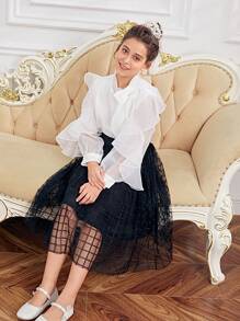 SHEIN Tween Girls' Fitted And Cute Ruffle Hem Long Sleeve Blouse With Sheer Fabric And Bow Decoration - White - View 3