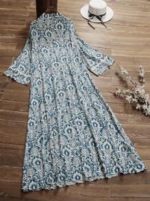 Seusyu 大码女式花卉印花 V 领半袖宽松阿拉伯长款朴素连衣裙 - 彩色 - 查看 2