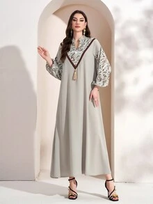 Women's Notched Collar Color Block Elegant Long Sleeve Arabian Dress - Green - View 1