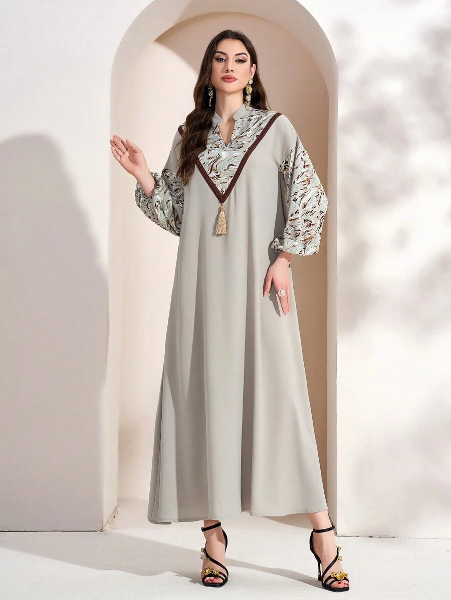 Women's Notched Collar Color Block Elegant Long Sleeve Arabian Dress - Green - View 1