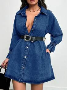 RueChic Drop Shoulder Denim Dress - Navy Blue - View 3