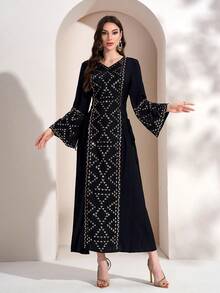 Women's Elegant Sequin Splice Bell Sleeve Long Dress For Spring & Summer Eid Black - Black - View 6