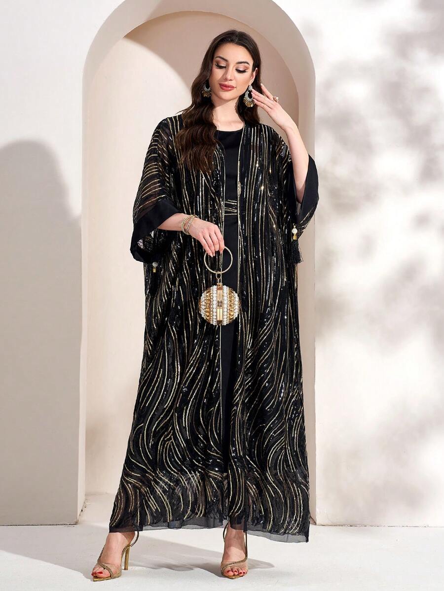 Women's Simple Casual Net Arabic Style Dress - Black - View 1