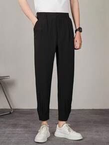 Men's High-Rise Fashionable Casual Cropped Cropped Pants With Elastic Cuffs - Black - View 1