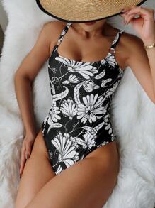 SHEIN Swim Women's Random Floral Printed Spaghetti Strap One Piece Swimsuit,Summer Beach - Multicolor - View 1