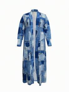 新款女士时尚拼色牛仔效果风衣夹克中长款外套，秋冬