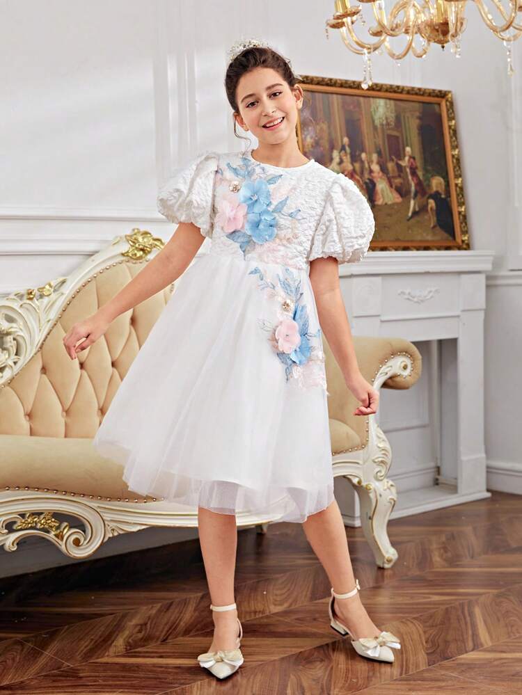 Tween Girl Gorgeous Vintage Court Style 3d Flower Decorated Puff Sleeve Round Neck Dress