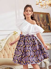 SHEIN Cô gái Tween Đáng yêu Vai xiên Viền Ruffle Áo & Dệt hoa Váy chữ A Hai chiếc Bộ - Màu tím - Xem 3
