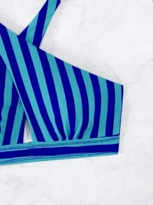 SHEIN Swim 女士條紋印花比基尼上衣，隨機印花 - 藍色 - 查看 3