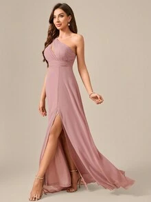 Oblique Shoulder Chiffon Evening Gown With Cascading Ruffles And Pleated Bodice - Dusty Pink - View 8