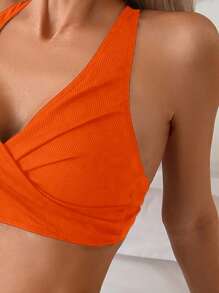 SHEIN Swim Ladies' Solid Color Front Cross Strap Bikini Top For Summer Beach Bathing Suit - Orange - View 3