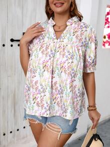 SHEIN VCAY 大尺碼度假白底浪漫花卉印花深V領女士夏季襯衫 - 彩色 - 查看 4