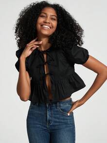 女士休闲纯色圆领蝴蝶结荷叶边短袖衬衫 - 黑色 - 查看 4