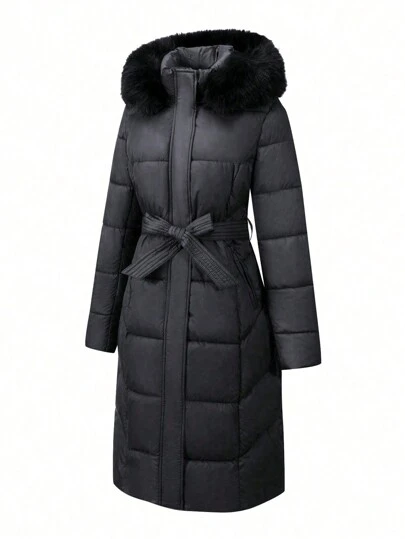 Risissida Women's Casual Hooded Jacket With Pockets, Lightweight Faux Fur Lined Quilted Windbreaker, Suitable For Autumn Daily Wear And Winter Outerwear Black Elegant