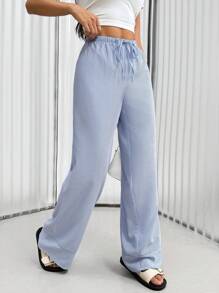 Flirla Pantalones rectos con cintura de cordón y diseño de rayas casual - Azul - Ver 5