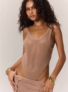 MUSERA Beach Crochet Knit Layered Mini Dress - Khaki - View 5