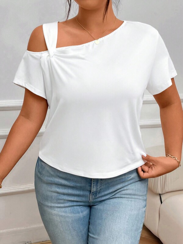 SHEIN Essnce Women's Plus Size Off Shoulder Twisted White T-Shirt
