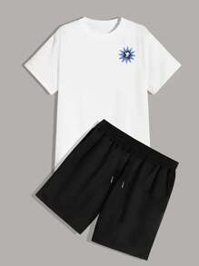 Men's Summer Letter Print Round Neck Short Sleeve Casual T-Shirt And Drawstring Waist Shorts Set - White - View 2