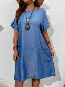 EMERY ROSE Plus Size Solid Color Batwing Sleeve Summer Dress With Pockets For Women For Teacher Clothes - Blue - View 6