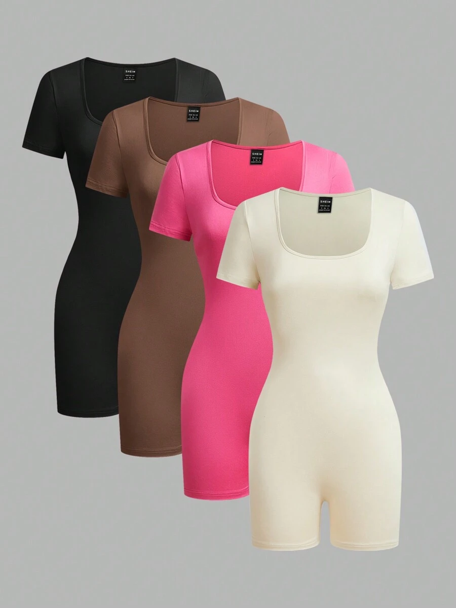 SHEIN EZwear 4 件套女士方领短袖短款连体裤套装，休闲修身，适合夏季 - 彩色 - 查看 1