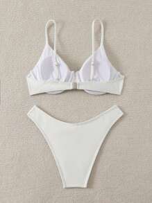 Swim Mod Conjunto de bikini sexy de unicolor con calado para vacaciones de mujer, con tela de rayas finas y detalle floral pequeño, para la playa de verano - Blanco - Ver 6
