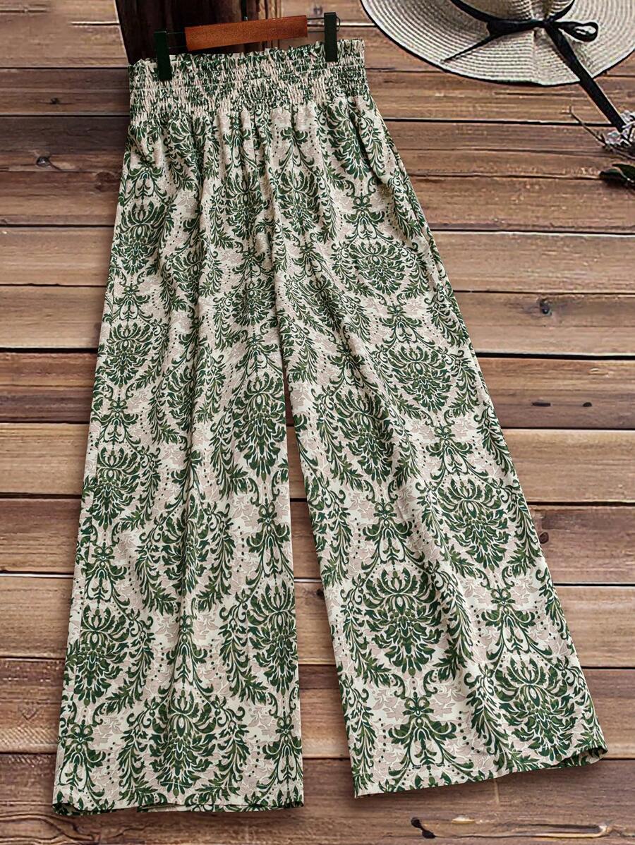 EMERY ROSE Plus Size Women's Vacation High Waisted Plant Printed Wide Leg Pants Fall Cloth For Women