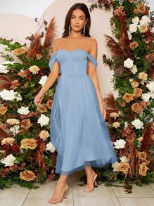 SHEIN Belle Women's Solid Color Off-Shoulder Mesh Hem Elegant Bridesmaid Dress (Adult Size)