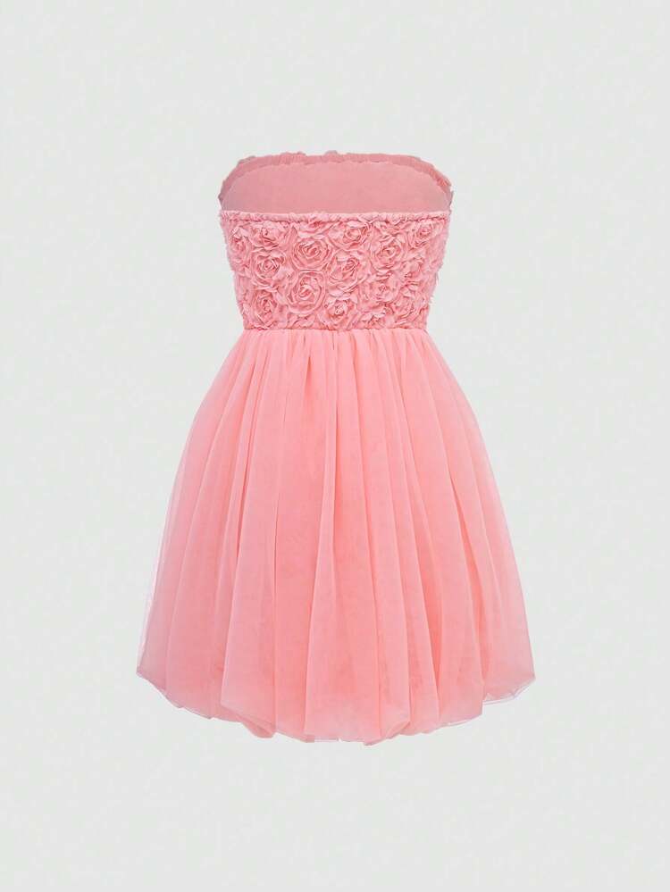 Women's Solid Color Strapless 3D Floral Mesh Evening Party Dress